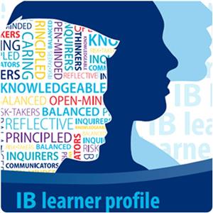 Three silhouettes in shades of blue with IB learner profile words